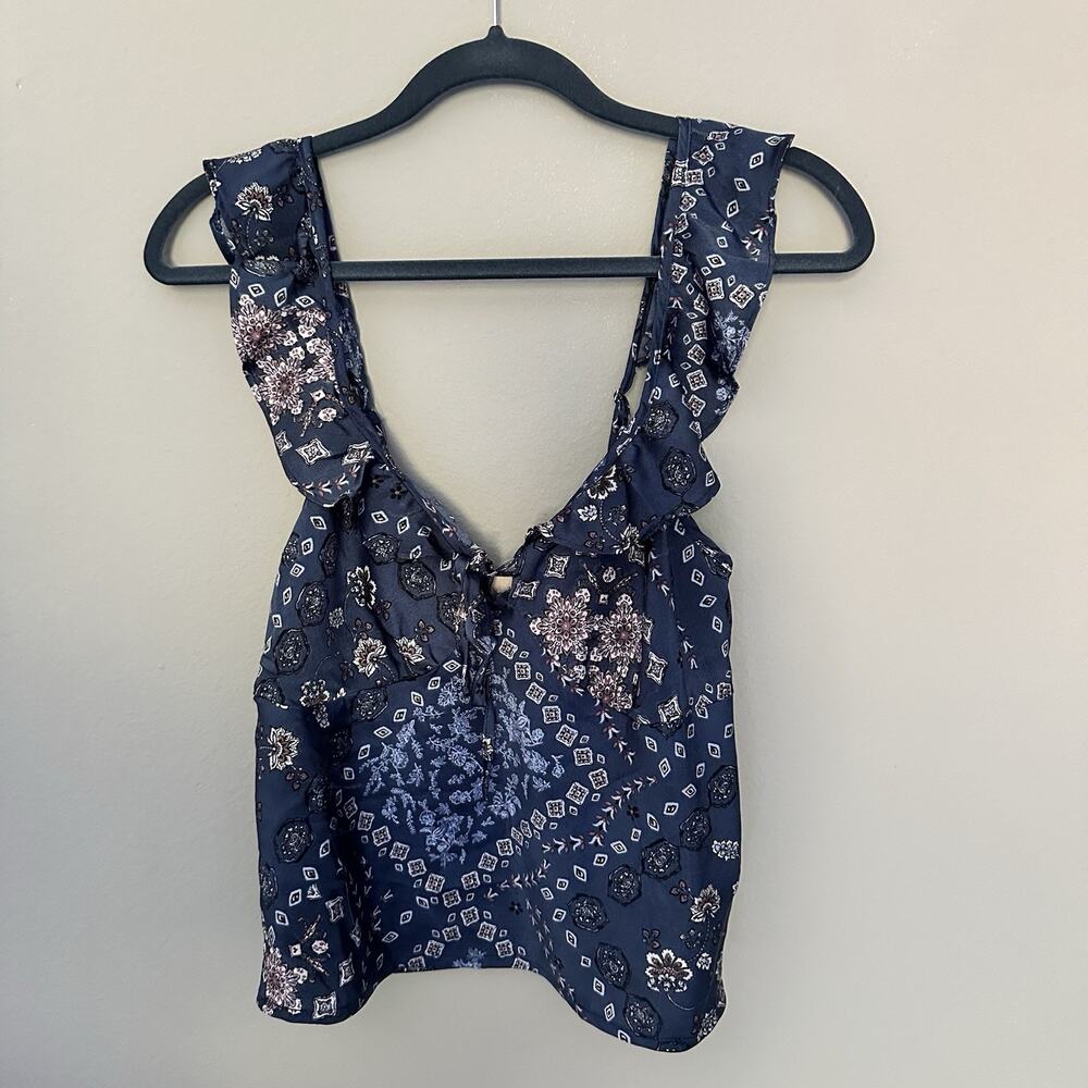 GLG Navy Floral Babydoll Tank Top Blouse Ruffle Tie Front Boho Y2K Festival